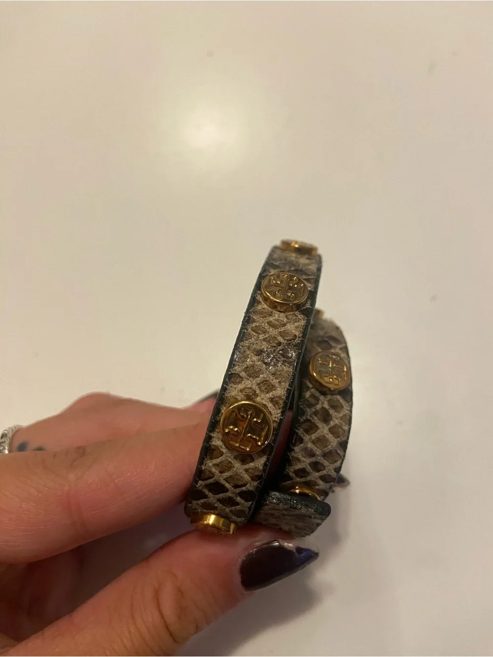 Tory Burch Brown Snake-Embossed Double Wrap Bracelet with Gold Accents